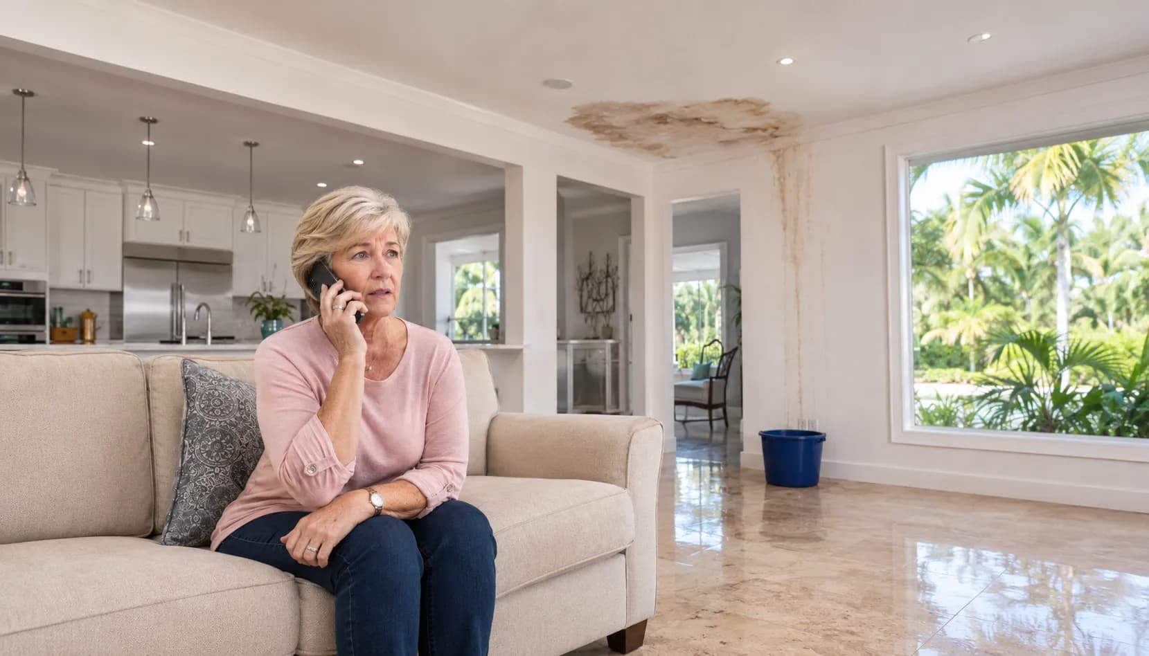 Florida homeowner on the phone reporting a ceiling leak — call EZR of South Florida