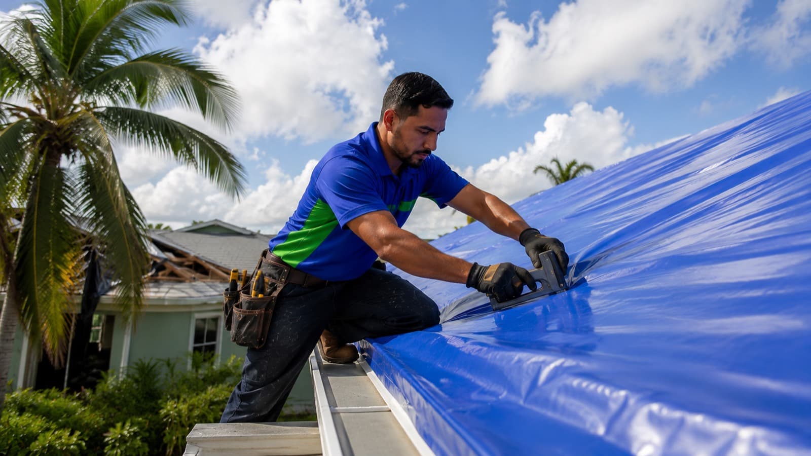 Synthetic roof wrap installed for emergency storm protection