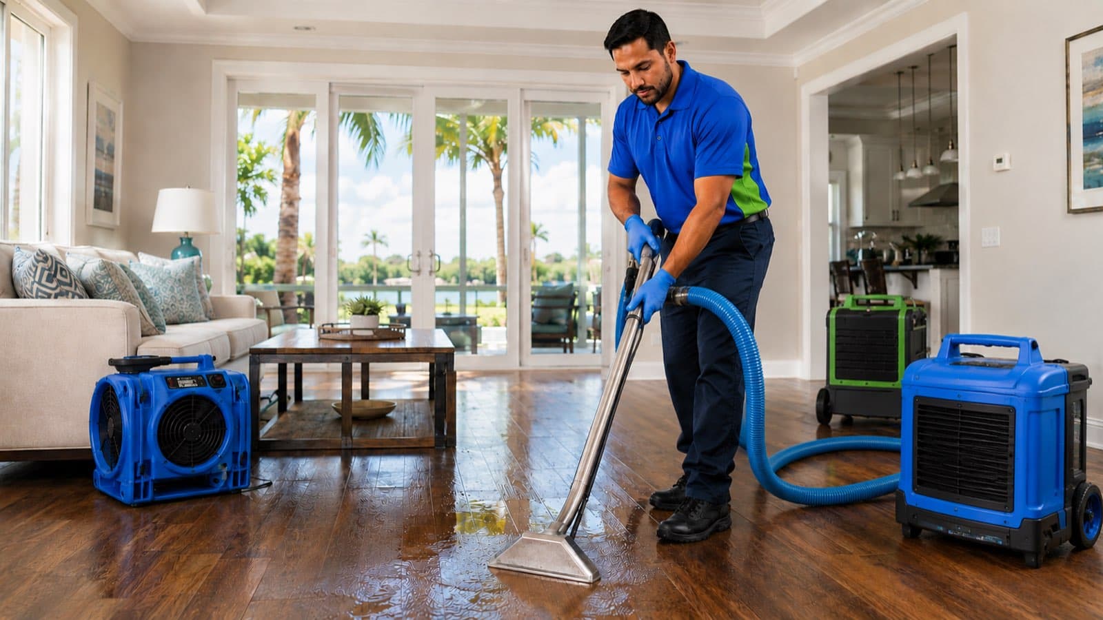 Water mitigation and extraction equipment drying a flooded home